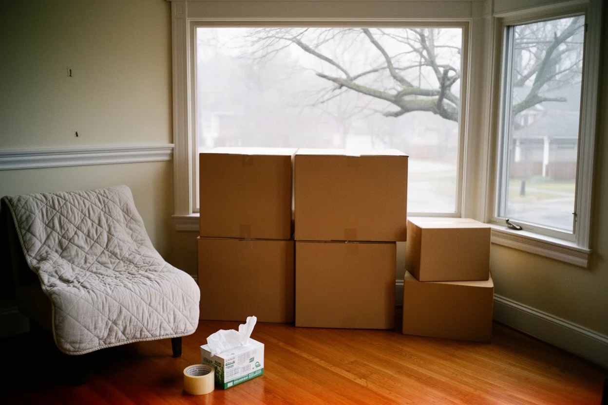 Stacked moving boxes and a draped moving blanket inside a half-empty craftsman living room