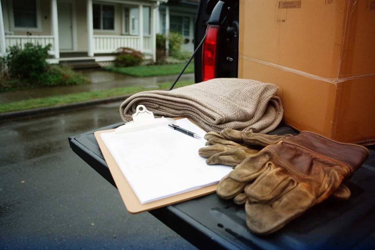 A clipboard and work gloves on a truck tailgate