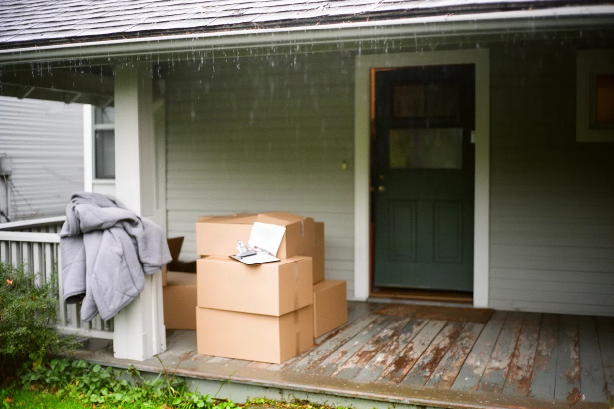 Moving boxes and a folded blanket staged on the covered porch of an old bungalow in the rain