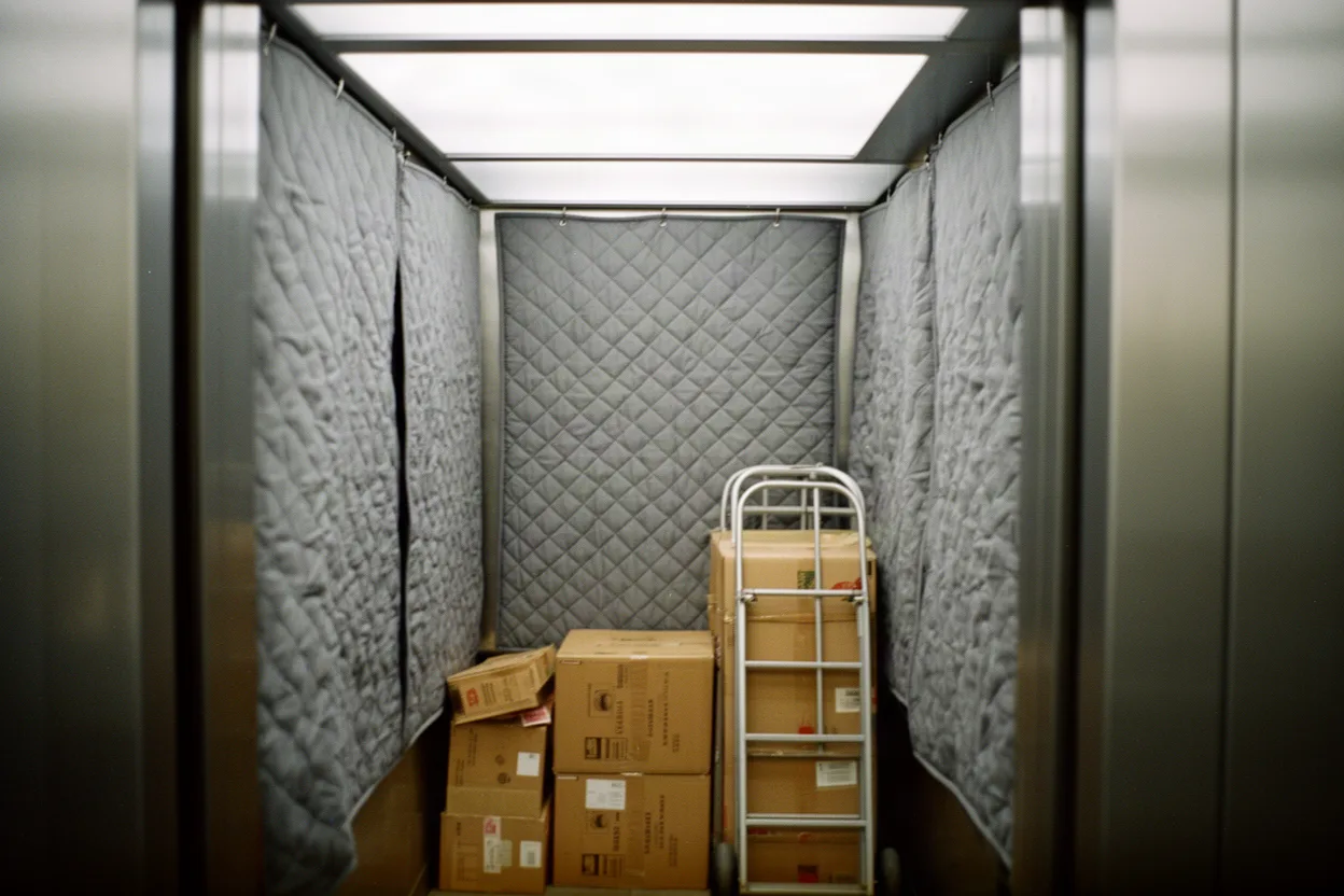 A freight elevator padded with moving blankets holding boxes and a dolly