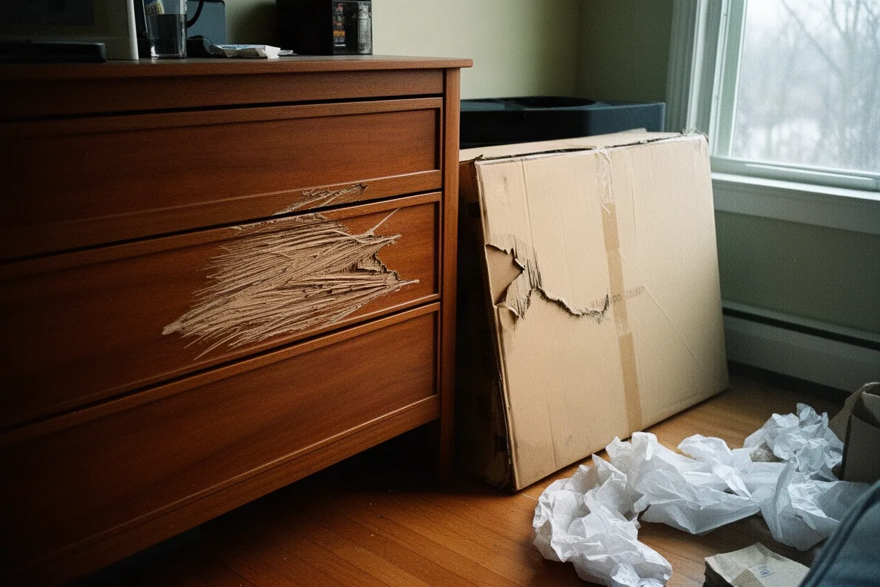 A gouged dresser and torn moving box after a move