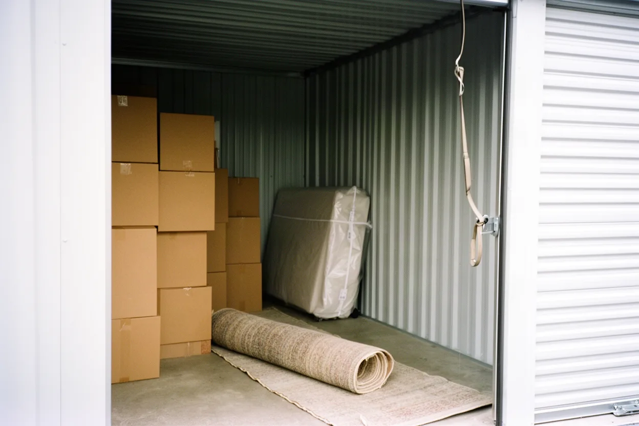 A storage unit mid-load with a wall of blank boxes and a blanket-wrapped sofa on end
