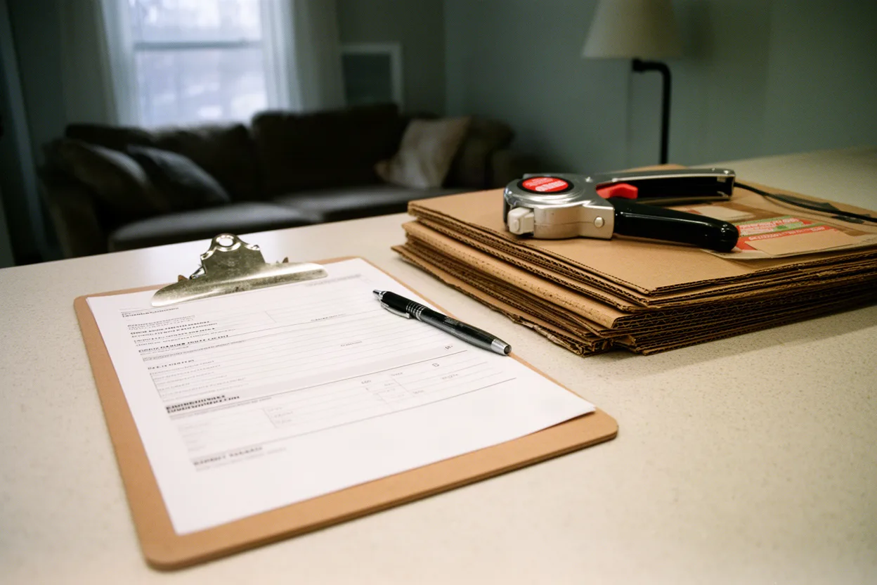 A blank estimate form on a clipboard beside moving boxes