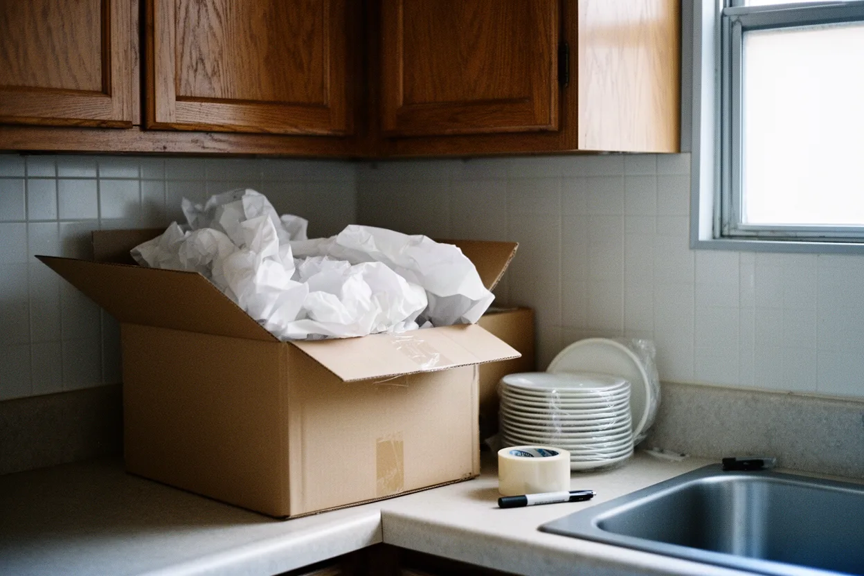 A kitchen mid-packing with open boxes and wrapped plates on the counter