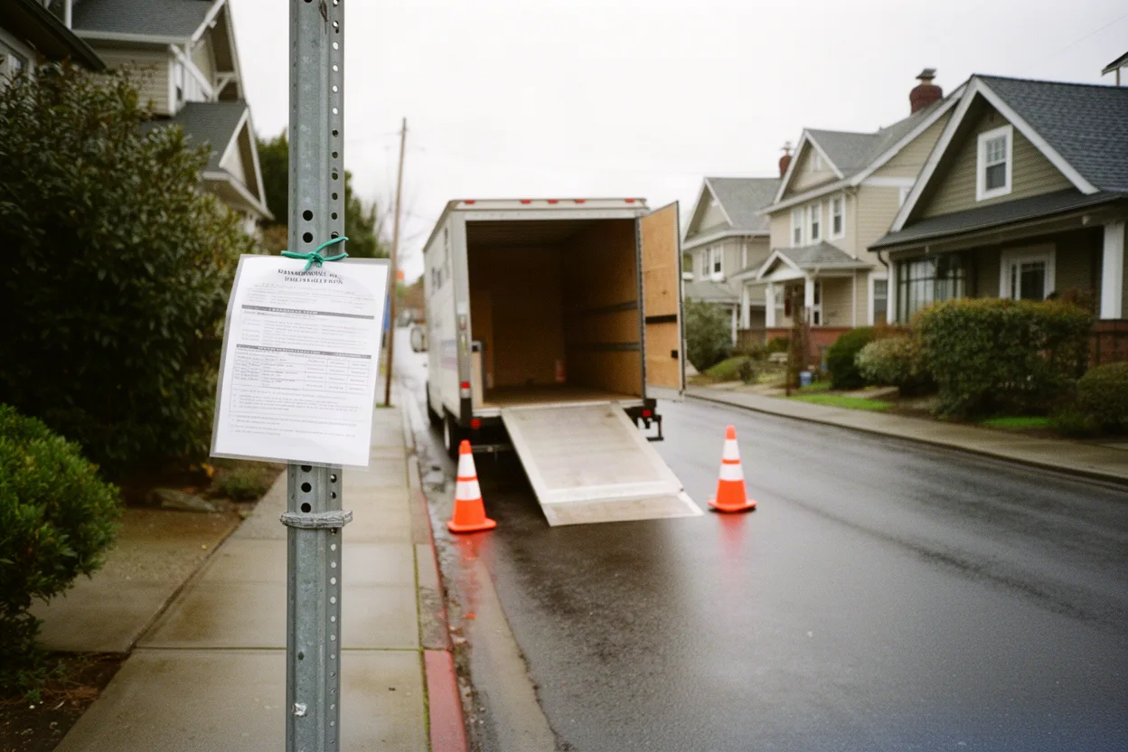 A moving truck parked in coned-off curb space on a narrow street